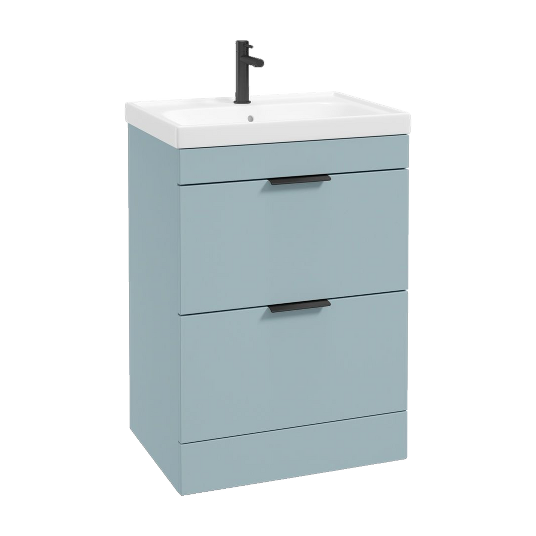 SONAS Stockholm 60cm floorstanding two drawer vanity unit in Matt Morning Sky Blue with matt black handles