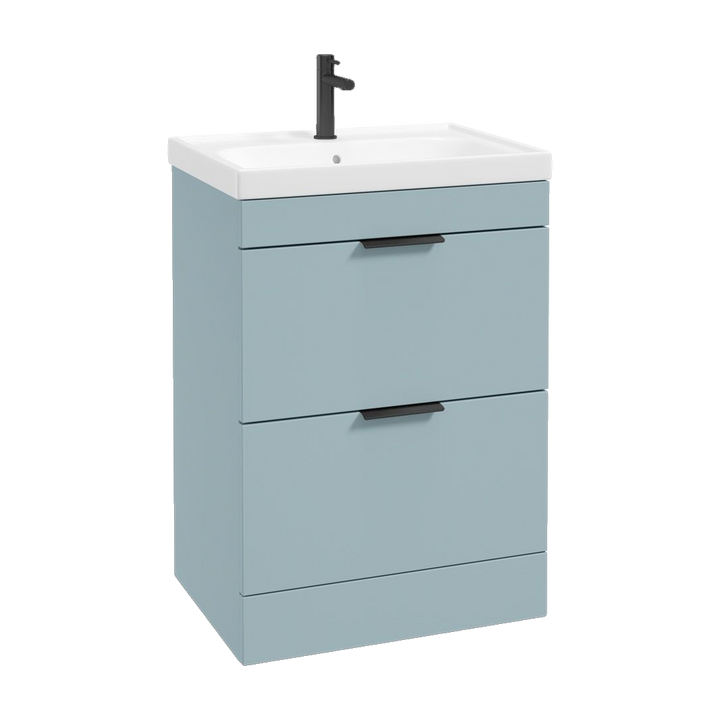 SONAS Stockholm 60cm floorstanding two drawer vanity unit in Matt Morning Sky Blue with matt black handles