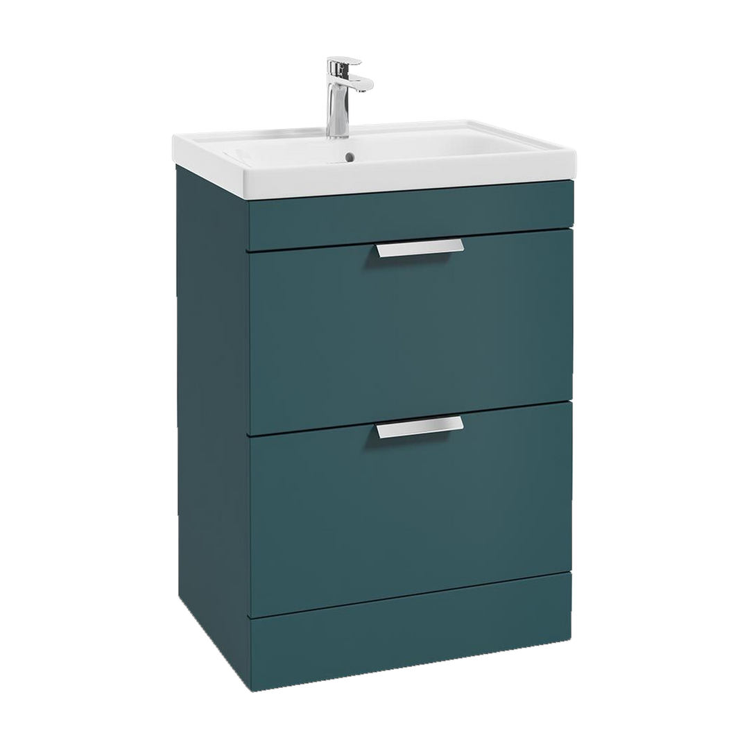 SONAS Stockholm 60cm floorstanding two drawer vanity unit in Matt Ocean Blue with brushed chrome handles