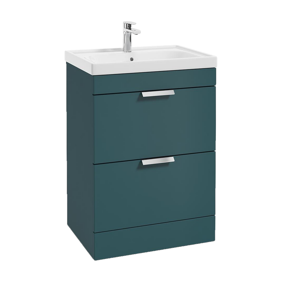 SONAS Stockholm 60cm floorstanding two drawer vanity unit in Matt Ocean Blue with brushed chrome handles