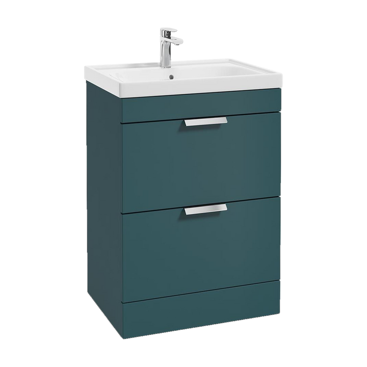 SONAS Stockholm 60cm floorstanding two drawer vanity unit in Matt Ocean Blue with brushed chrome handles
