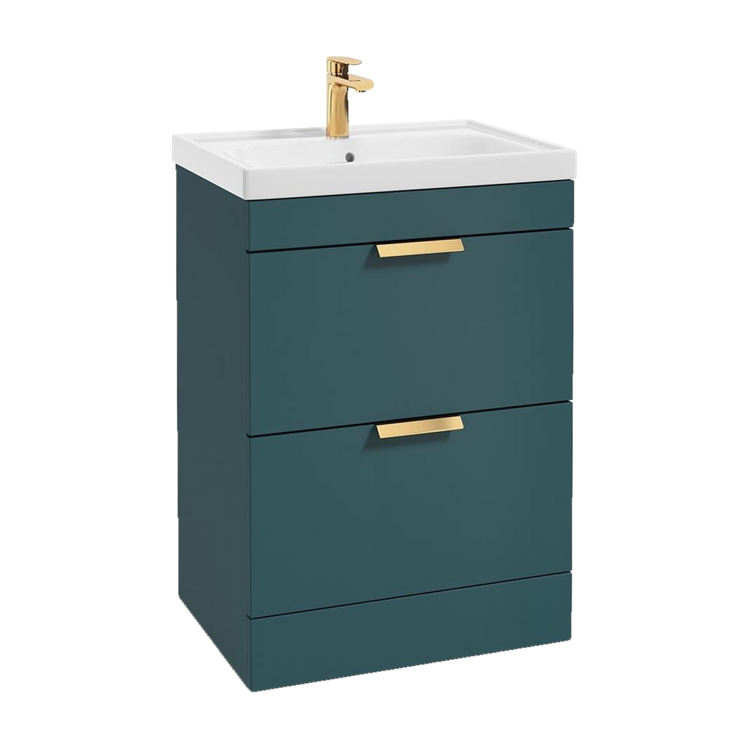 SONAS Stockholm 60cm floorstanding two drawer vanity unit in Matt Ocean Blue with brushed gold handles