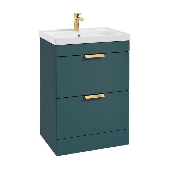 SONAS Stockholm 60cm floorstanding two drawer vanity unit in Matt Ocean Blue with brushed gold handles