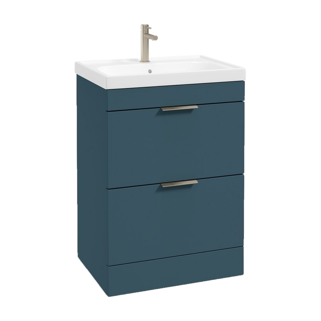 SONAS Stockholm 60cm floorstanding two drawer vanity unit in Matt Ocean Blue with brushed nickel handles