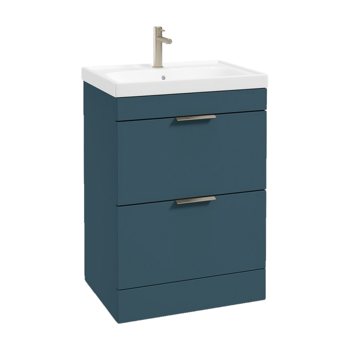 SONAS Stockholm 60cm floorstanding two drawer vanity unit in Matt Ocean Blue with brushed nickel handles