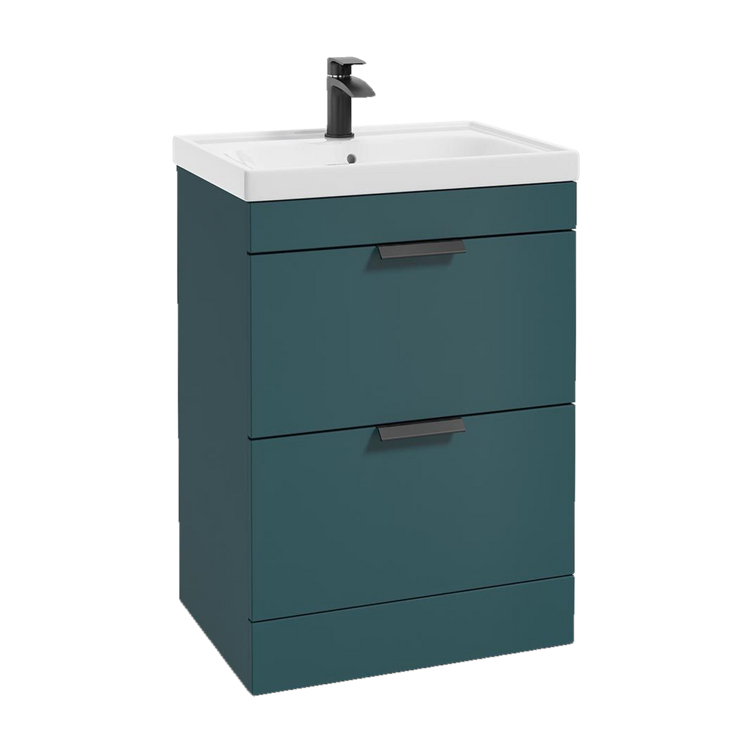 SONAS Stockholm 60cm floorstanding two drawer vanity unit in Matt Ocean Blue with matt black handles