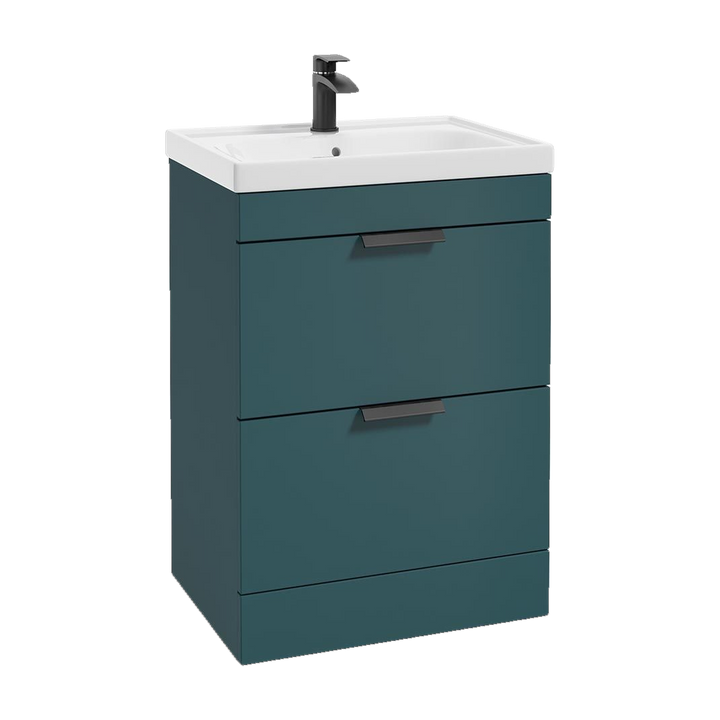 SONAS Stockholm 60cm floorstanding two drawer vanity unit in Matt Ocean Blue with matt black handles