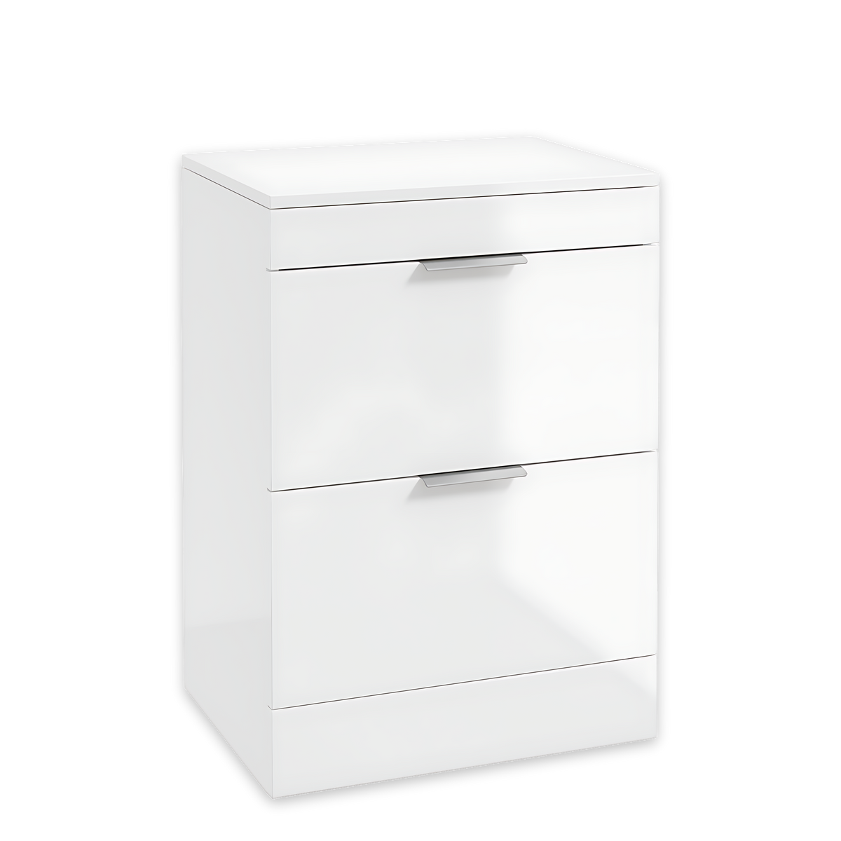 SONAS Stockholm 60cm floorstanding two drawer vanity unit in Gloss White with brushed chrome handles