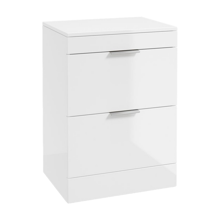 SONAS Stockholm 60cm floorstanding two drawer vanity unit in Gloss White with brushed chrome handles