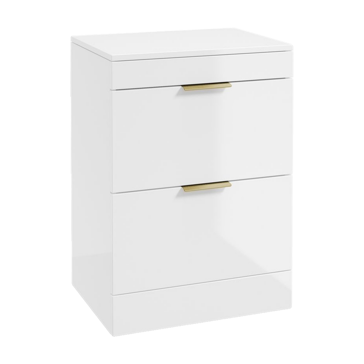 SONAS Stockholm 60cm floorstanding two drawer vanity unit in Gloss White with brushed gold handles