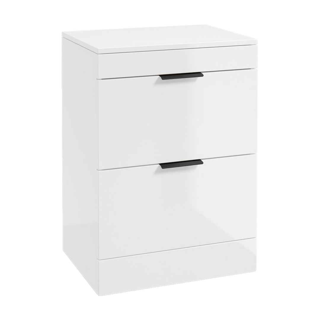 SONAS Stockholm 60cm floorstanding two drawer vanity unit in Gloss White with matt black handles