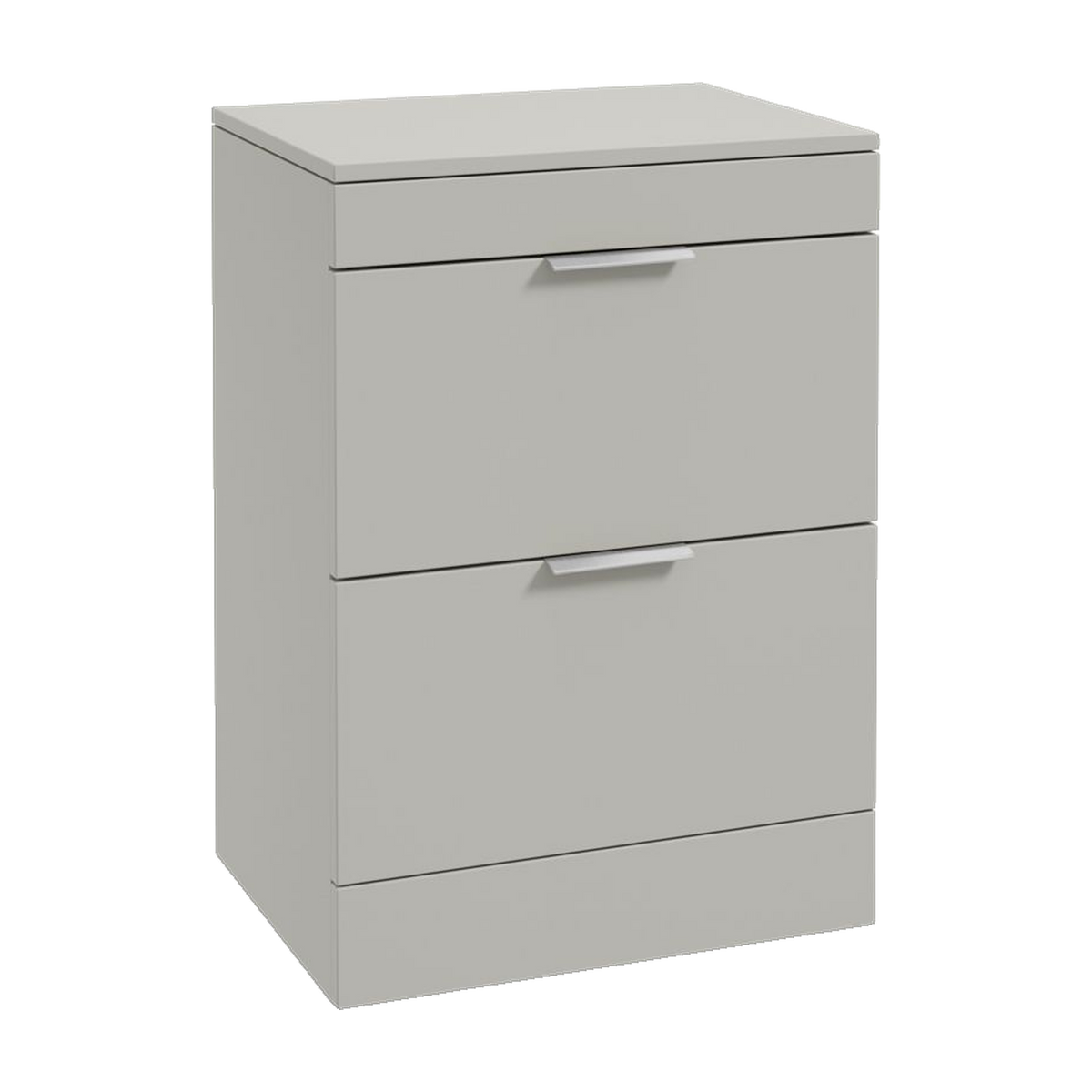 SONAS Stockholm 60cm floorstanding two drawer vanity unit in Matt Arctic Grey with brushed chrome handles