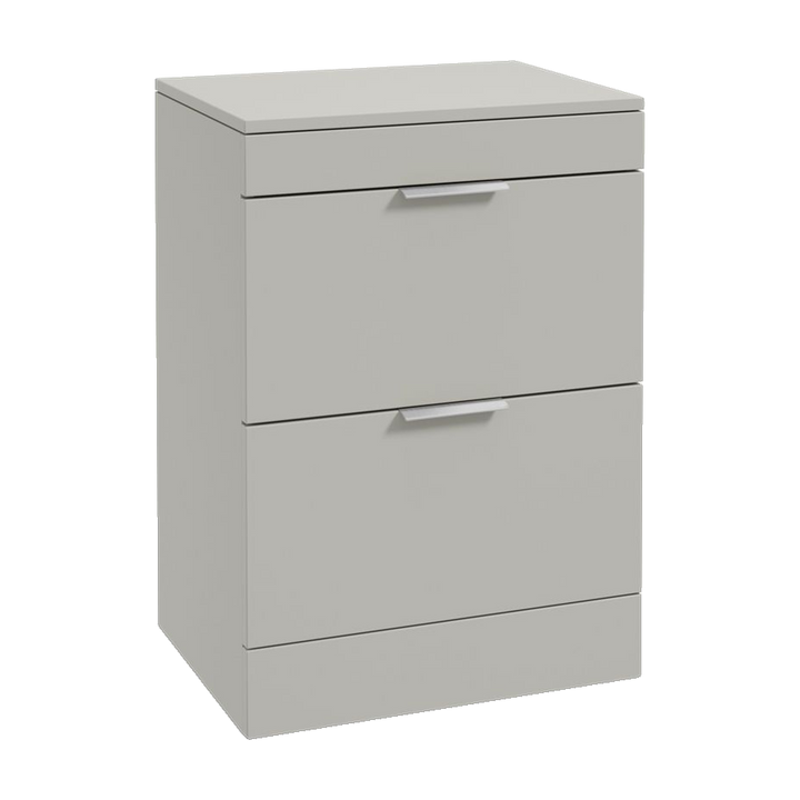 SONAS Stockholm 60cm floorstanding two drawer vanity unit in Matt Arctic Grey with brushed chrome handles