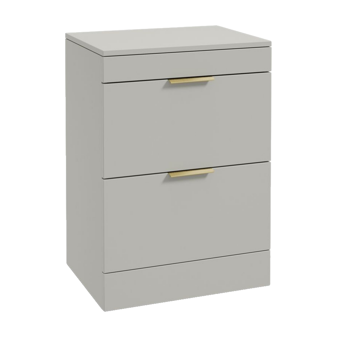 SONAS Stockholm 60cm floorstanding two drawer vanity unit in Matt Arctic Grey with brushed gold handles