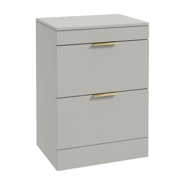 SONAS Stockholm 60cm floorstanding two drawer vanity unit in Matt Arctic Grey with brushed gold handles