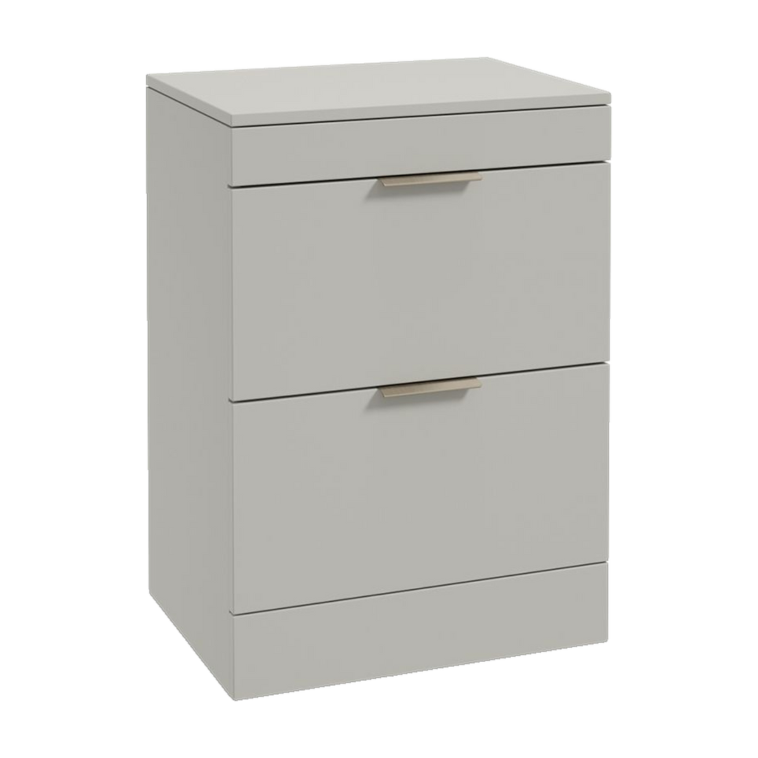 SONAS Stockholm 60cm floorstanding two drawer vanity unit in Matt Arctic Grey with brushed nickel handles