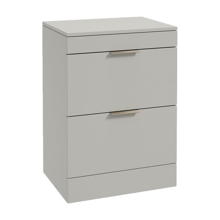SONAS Stockholm 60cm floorstanding two drawer vanity unit in Matt Arctic Grey with brushed nickel handles