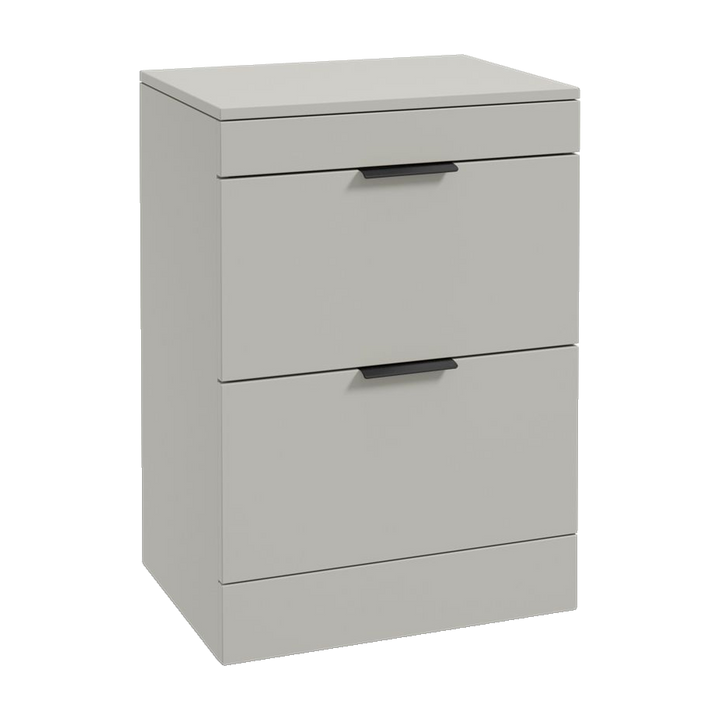SONAS Stockholm 60cm floorstanding two drawer vanity unit in Matt Arctic Grey with matt black handles
