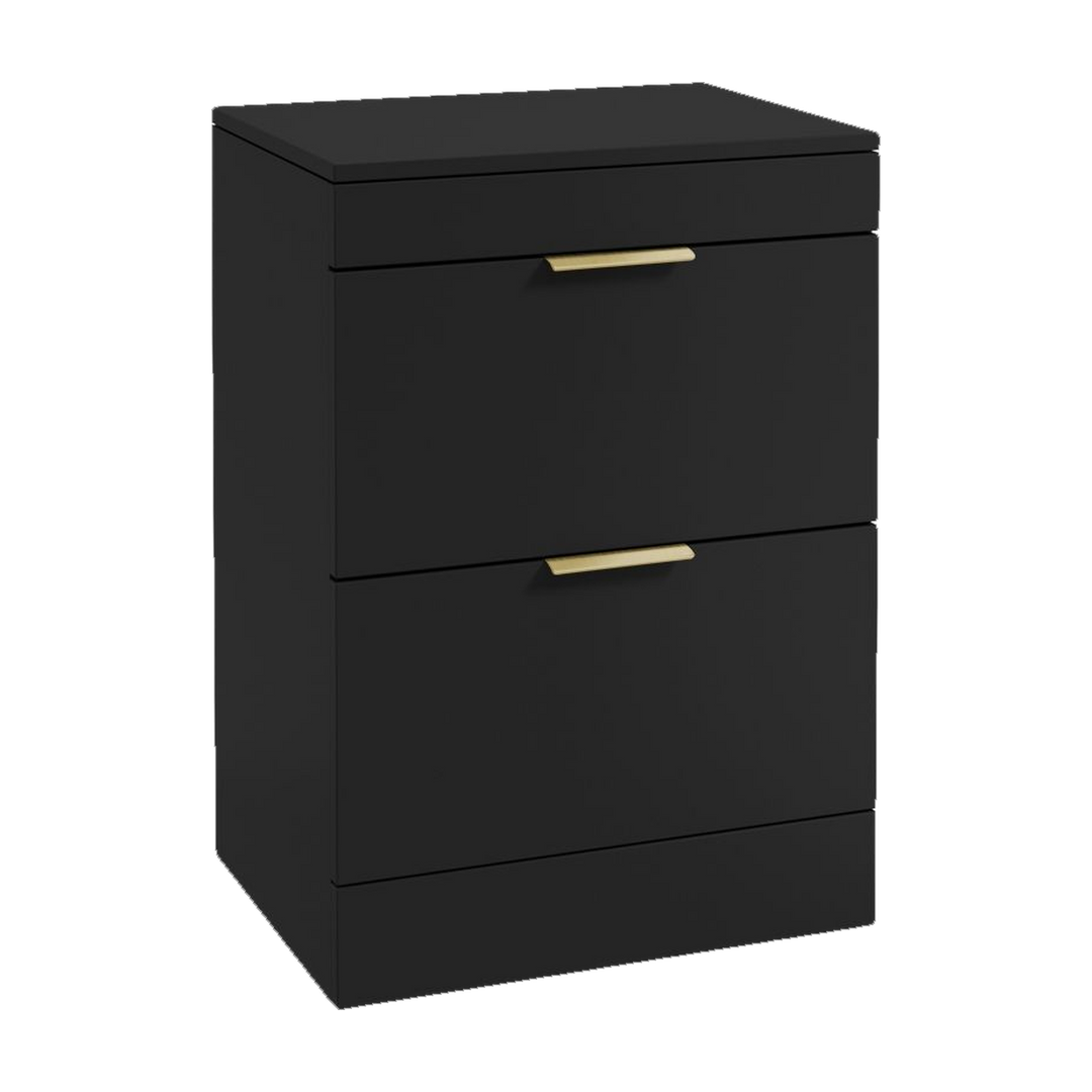 SONAS Stockholm 60cm floorstanding two drawer vanity unit in Matt Black with brushed gold handles