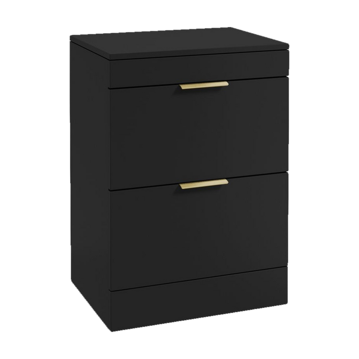 SONAS Stockholm 60cm floorstanding two drawer vanity unit in Matt Black with brushed gold handles