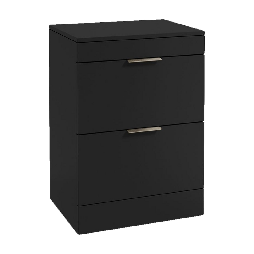 SONAS Stockholm 60cm floorstanding two drawer vanity unit in Matt Black with brushed nickel handles