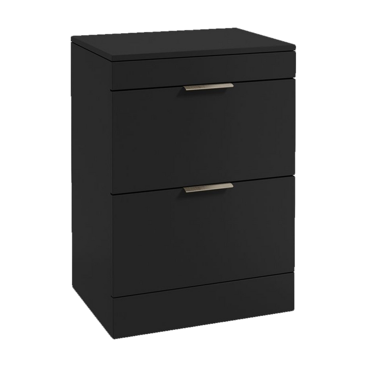 SONAS Stockholm 60cm floorstanding two drawer vanity unit in Matt Black with brushed nickel handles