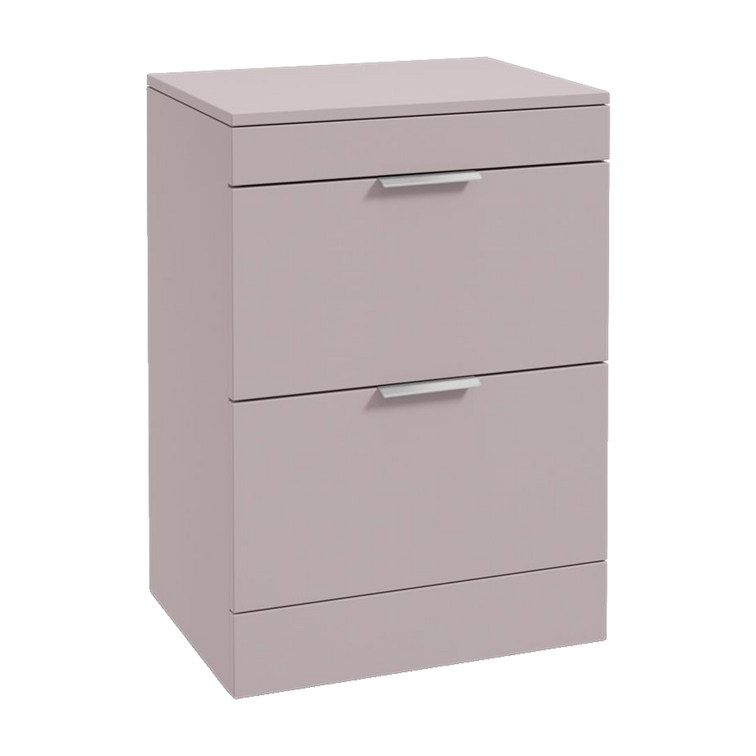 SONAS Stockholm 60cm floorstanding two drawer vanity unit in Matt Cashmere Pink with brushed chrome handles