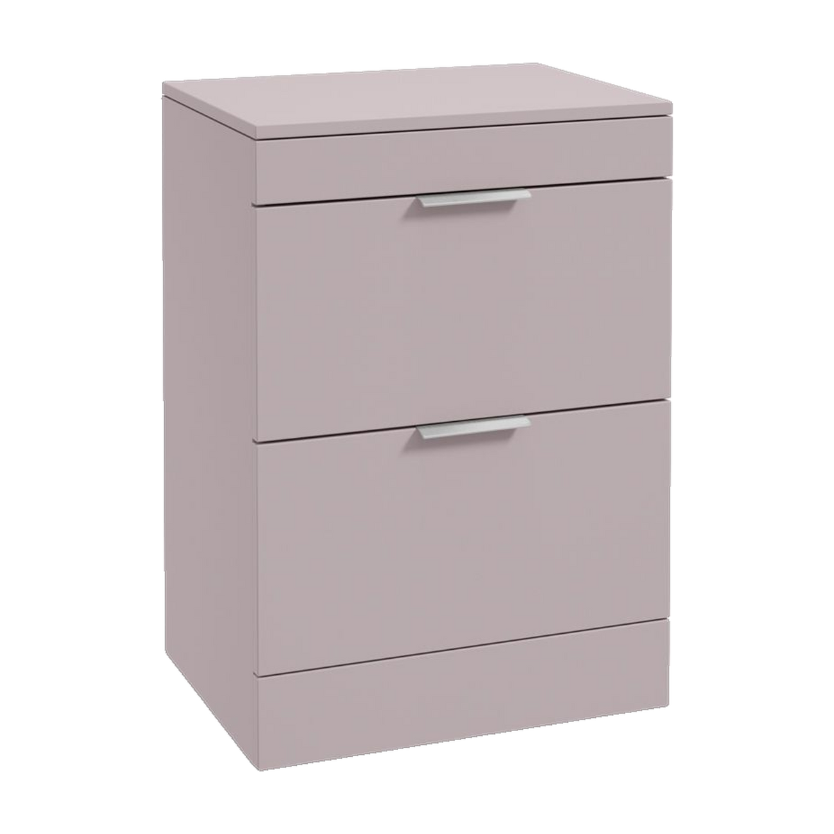 SONAS Stockholm 60cm floorstanding two drawer vanity unit in Matt Cashmere Pink with brushed chrome handles