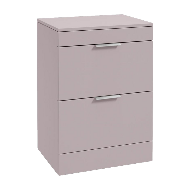 SONAS Stockholm 60cm floorstanding two drawer vanity unit in Matt Cashmere Pink with brushed chrome handles