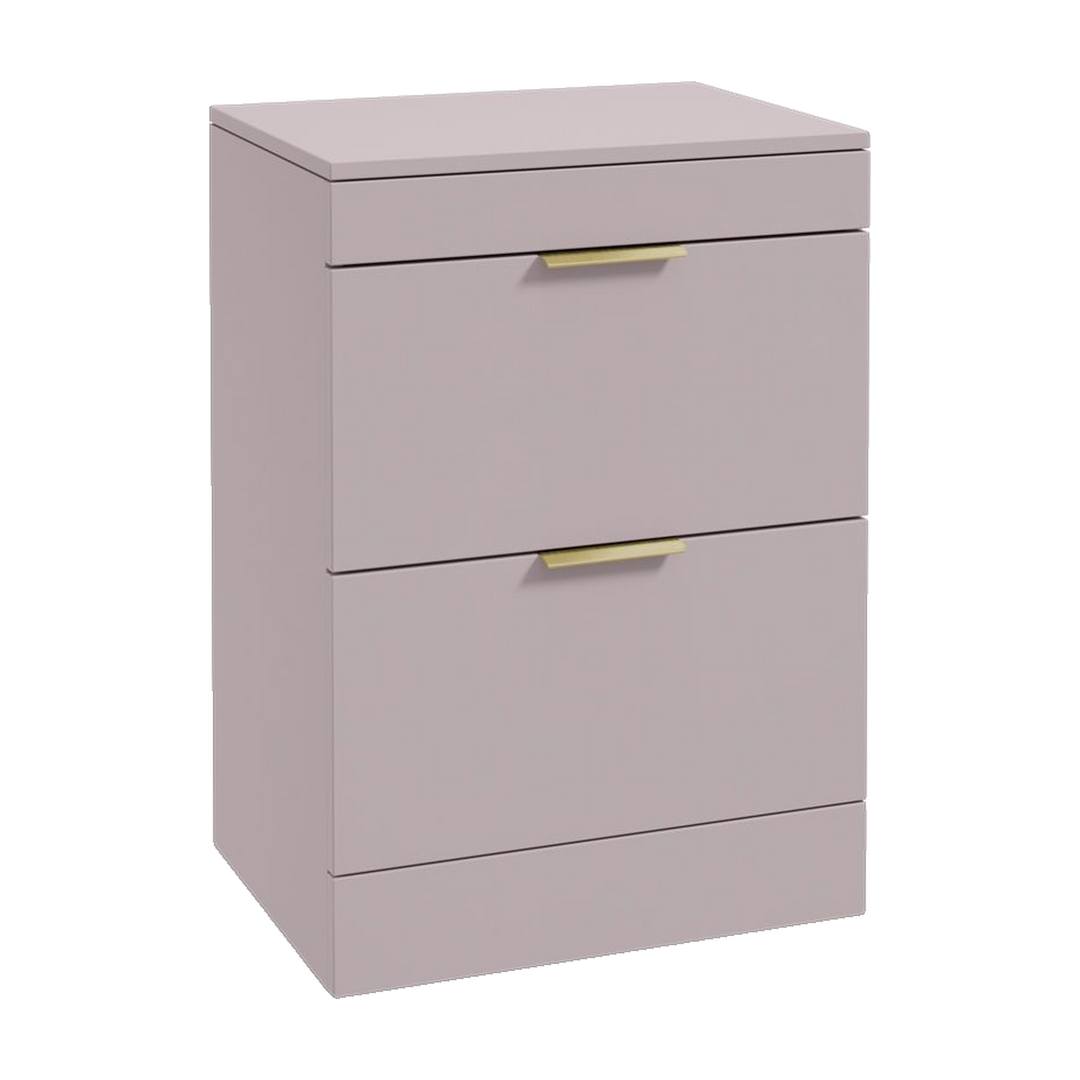 SONAS Stockholm 60cm floorstanding two drawer vanity unit in Matt Cashmere Pink with brushed gold handles
