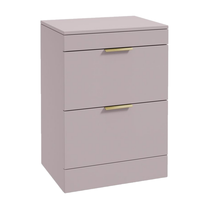 SONAS Stockholm 60cm floorstanding two drawer vanity unit in Matt Cashmere Pink with brushed gold handles