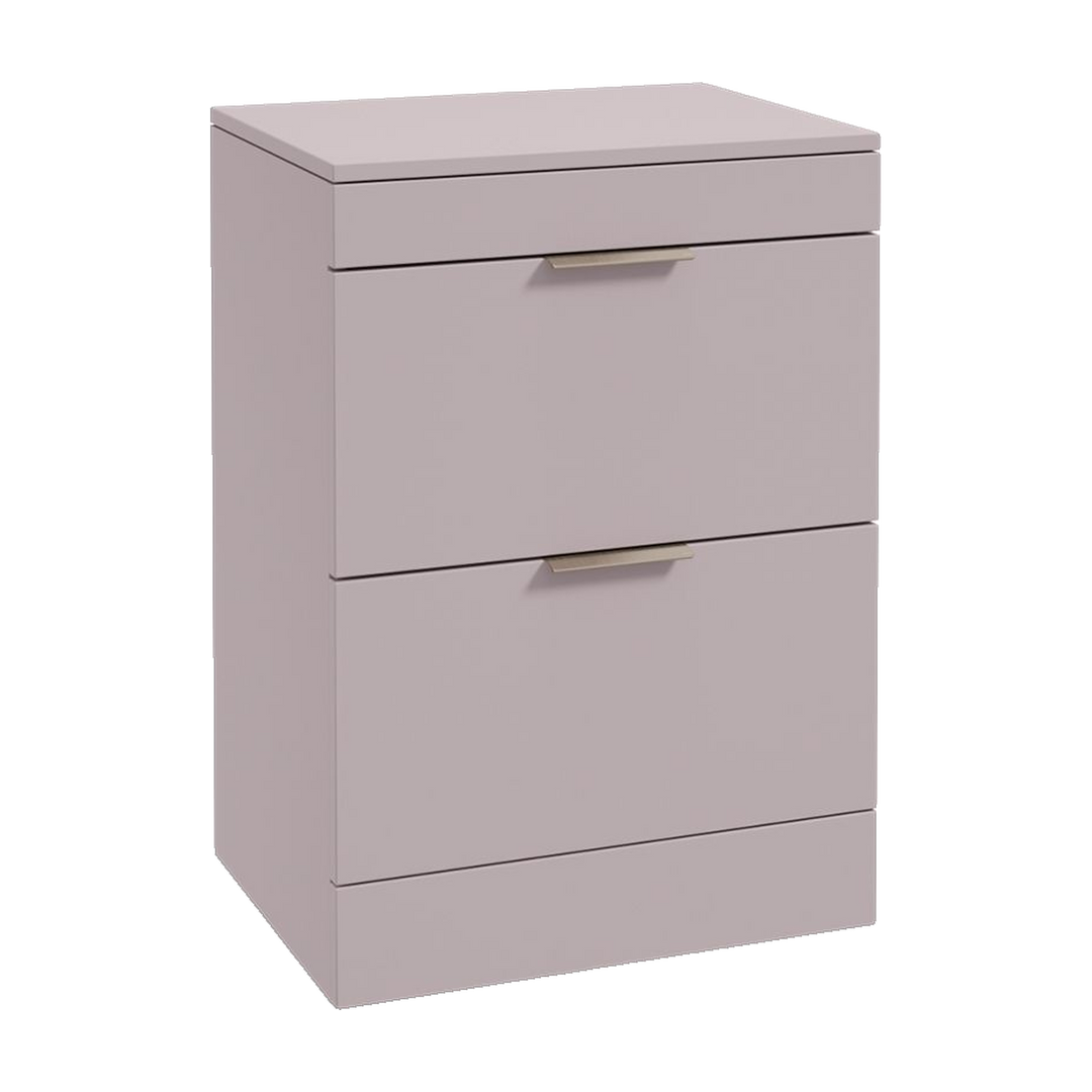 SONAS Stockholm 60cm floorstanding two drawer vanity unit in Matt Cashmere Pink with brushed nickel handles