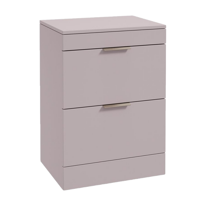 SONAS Stockholm 60cm floorstanding two drawer vanity unit in Matt Cashmere Pink with brushed nickel handles
