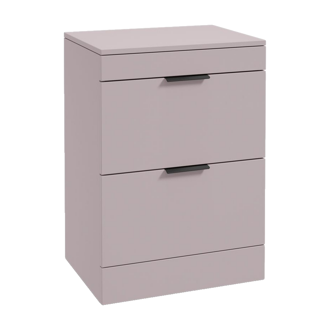SONAS Stockholm 60cm floorstanding two drawer vanity unit in Matt Cashmere Pink with matt black handles