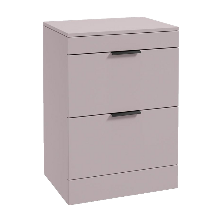 SONAS Stockholm 60cm floorstanding two drawer vanity unit in Matt Cashmere Pink with matt black handles
