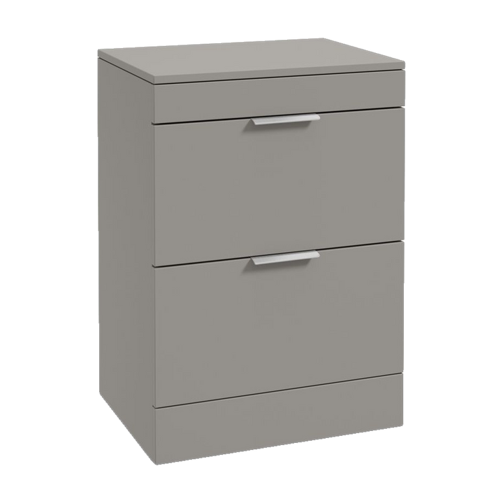 SONAS Stockholm 60cm floorstanding two drawer vanity unit in Matt Khaki with brushed chrome handles