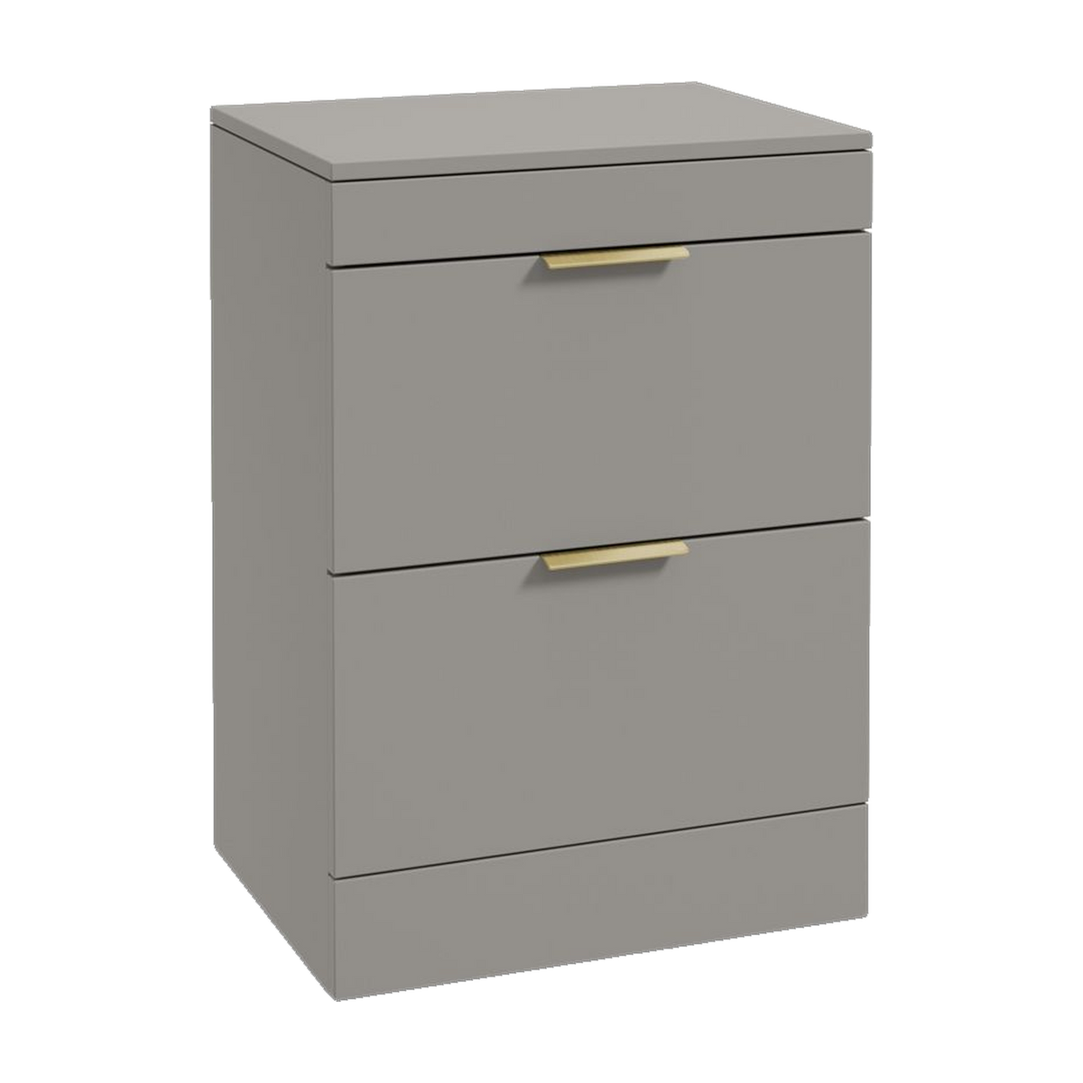 SONAS Stockholm 60cm floorstanding two drawer vanity unit in Matt Khaki with brushed gold handles