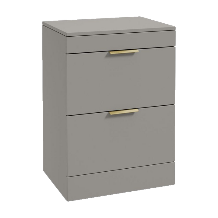 SONAS Stockholm 60cm floorstanding two drawer vanity unit in Matt Khaki with brushed gold handles