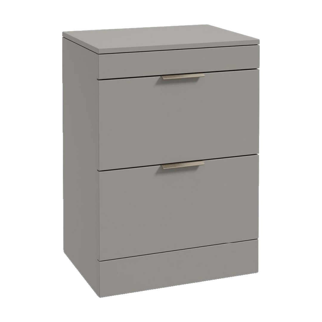 SONAS Stockholm 60cm floorstanding two drawer vanity unit in Matt Khaki with brushed nickel handles