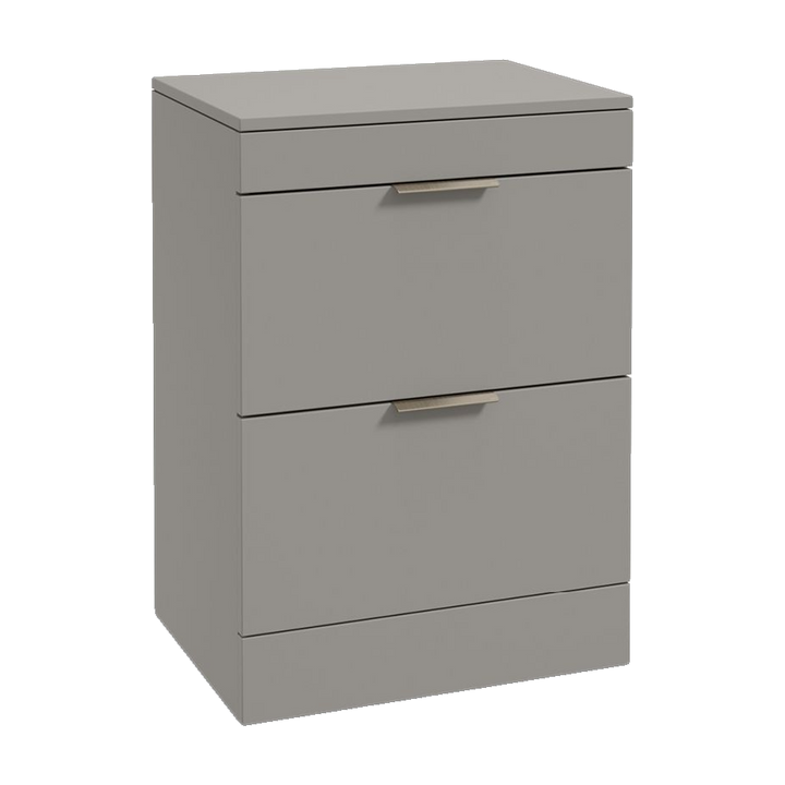 SONAS Stockholm 60cm floorstanding two drawer vanity unit in Matt Khaki with brushed nickel handles