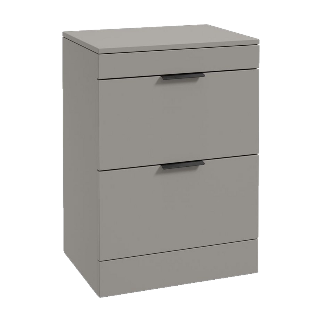 SONAS Stockholm 60cm floorstanding two drawer vanity unit in Matt Khaki with matt black handles