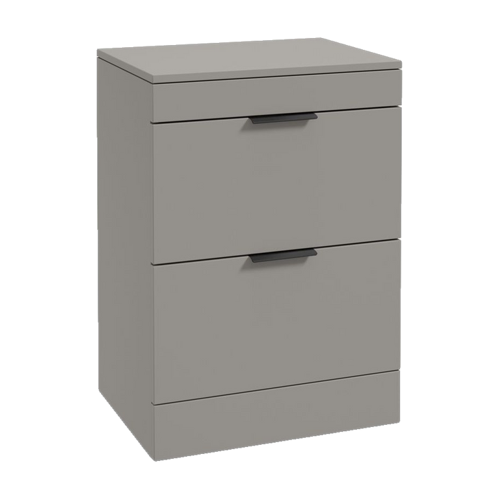 SONAS Stockholm 60cm floorstanding two drawer vanity unit in Matt Khaki with matt black handles