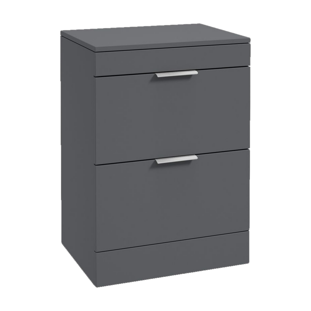 SONAS Stockholm 60cm floorstanding two drawer vanity unit in Matt Midnight Grey with brushed chrome handles