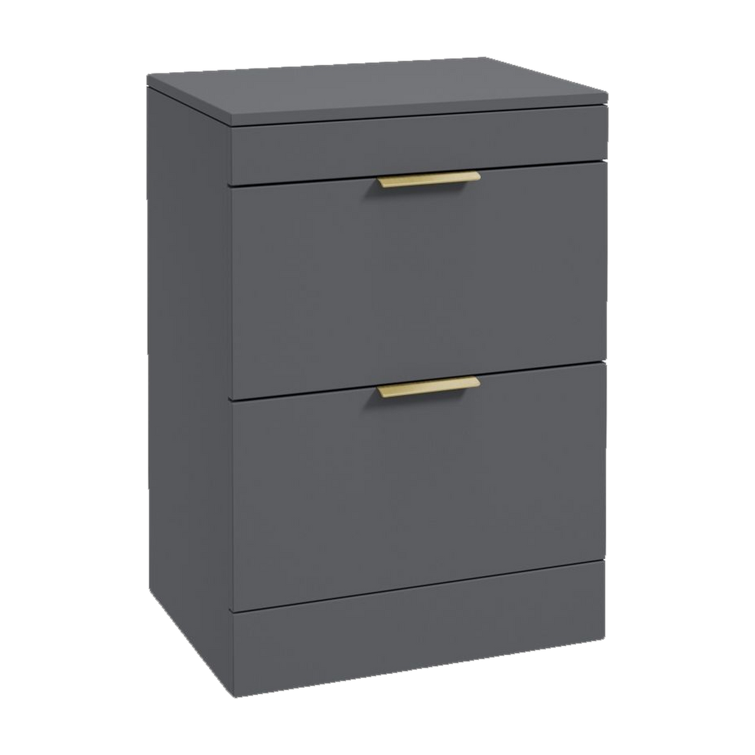 SONAS Stockholm 60cm floorstanding two drawer vanity unit in Matt Midnight Grey with brushed gold handles