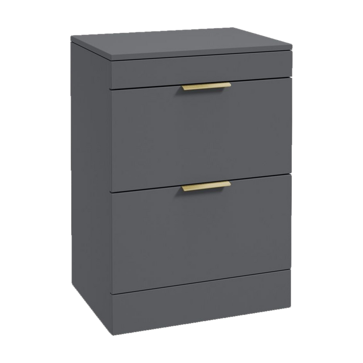 SONAS Stockholm 60cm floorstanding two drawer vanity unit in Matt Midnight Grey with brushed gold handles