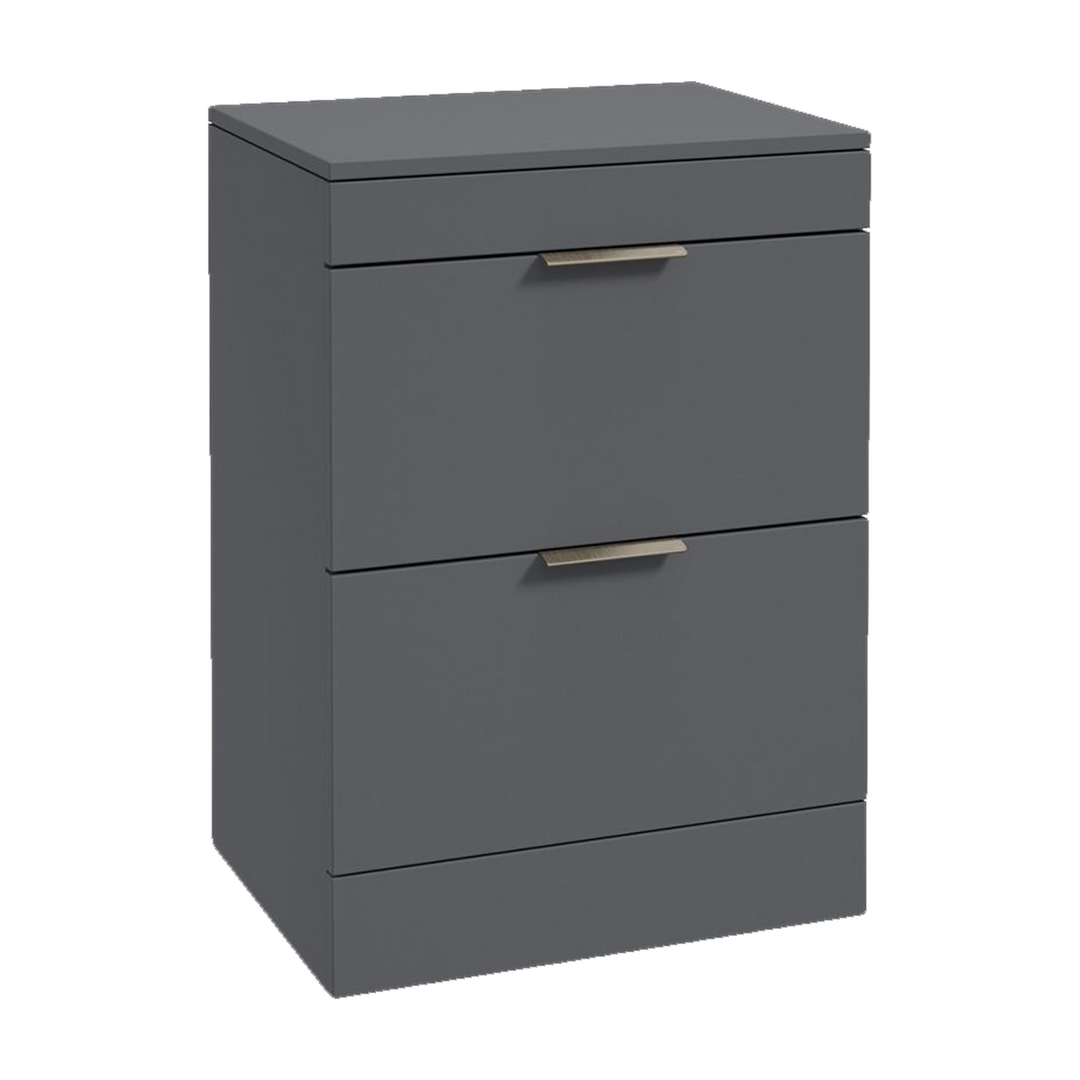 SONAS Stockholm 60cm floorstanding two drawer vanity unit in Matt Midnight Grey with brushed nickel handles