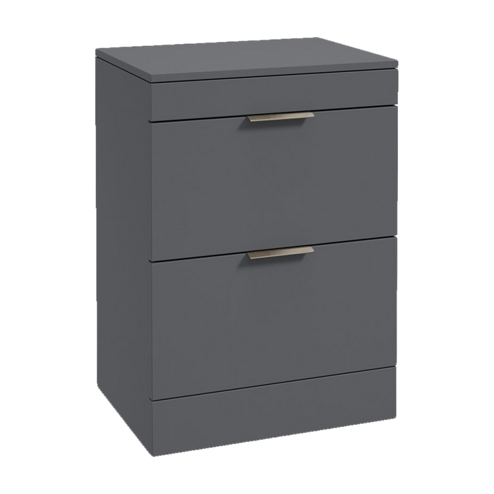 SONAS Stockholm 60cm floorstanding two drawer vanity unit in Matt Midnight Grey with brushed nickel handles