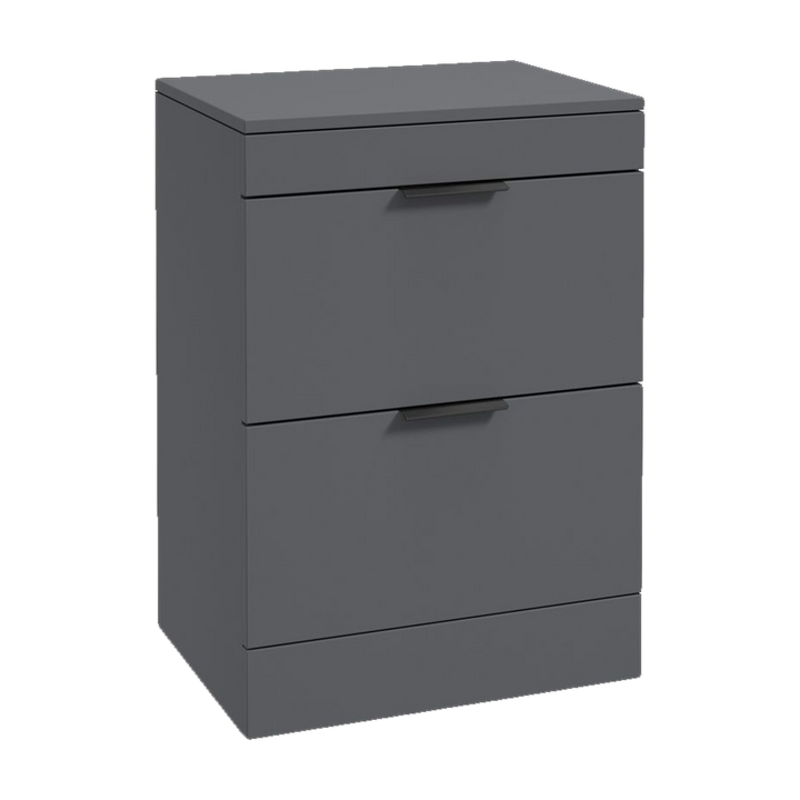 SONAS Stockholm 60cm floorstanding two drawer vanity unit in Matt Midnight Grey with matt black handles