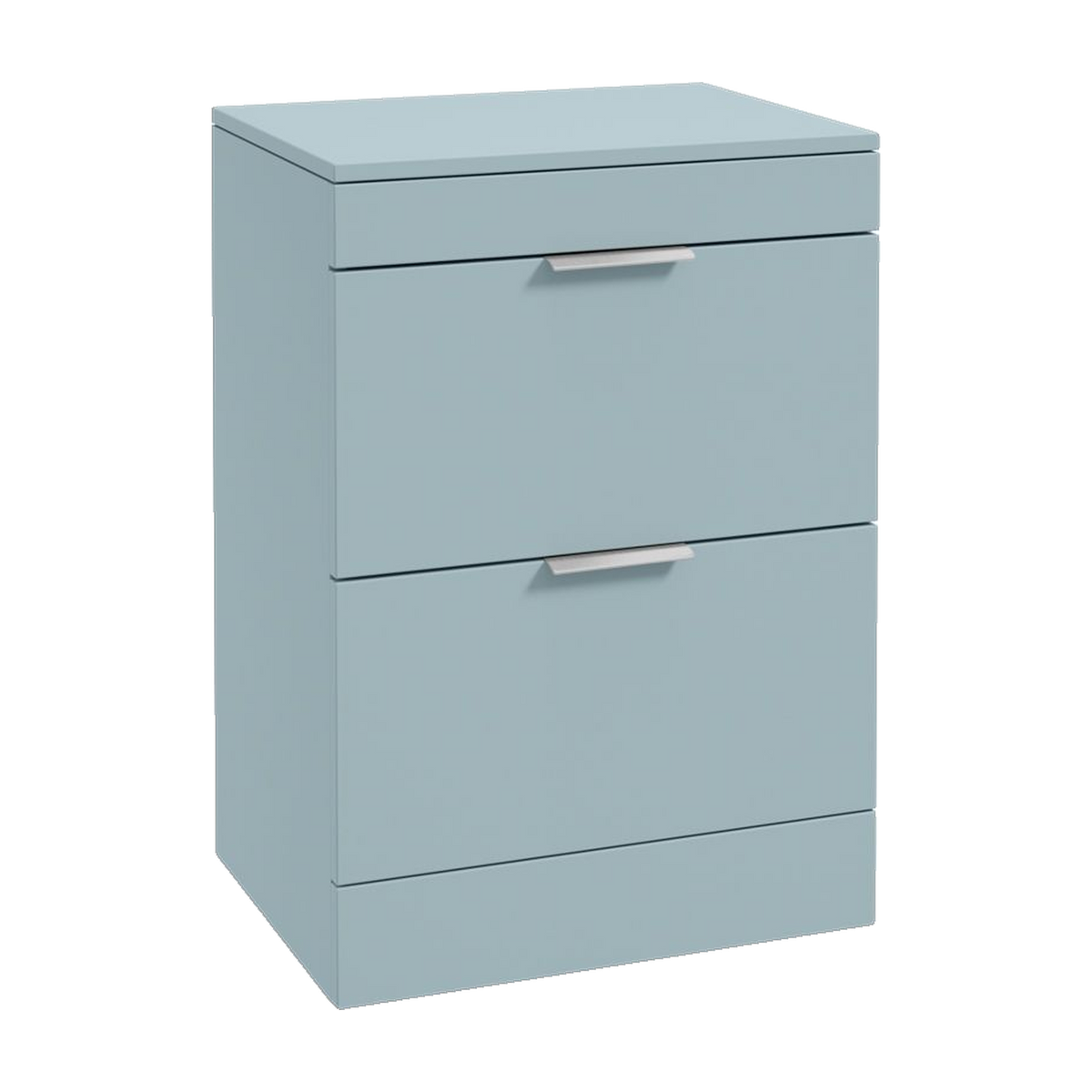 SONAS Stockholm 60cm floorstanding two drawer vanity unit in Matt Morning Sky Blue with brushed chrome handles