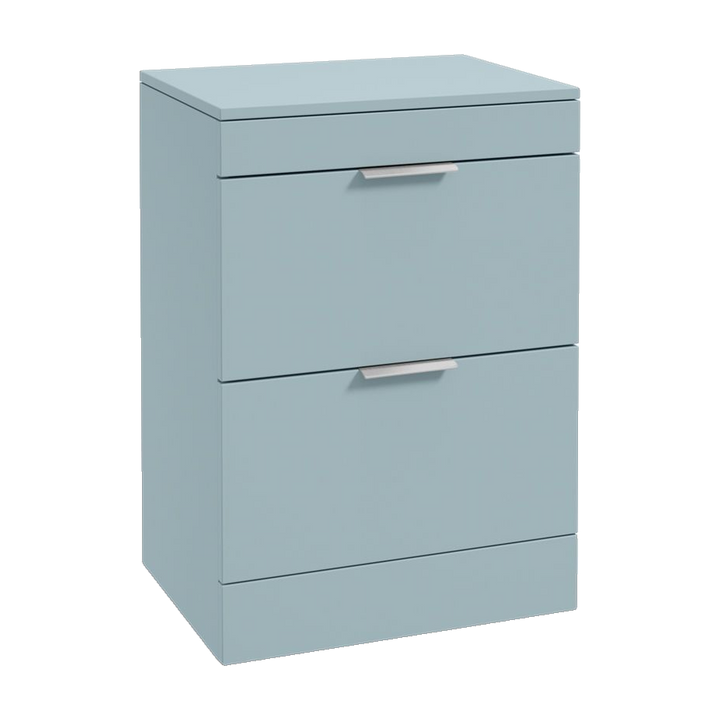 SONAS Stockholm 60cm floorstanding two drawer vanity unit in Matt Morning Sky Blue with brushed chrome handles
